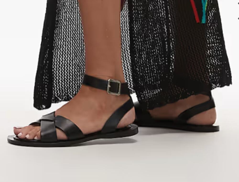 MNG Mango Black Leather Cross Over Strap Gladiator Sandals Casual EU37 US6.5